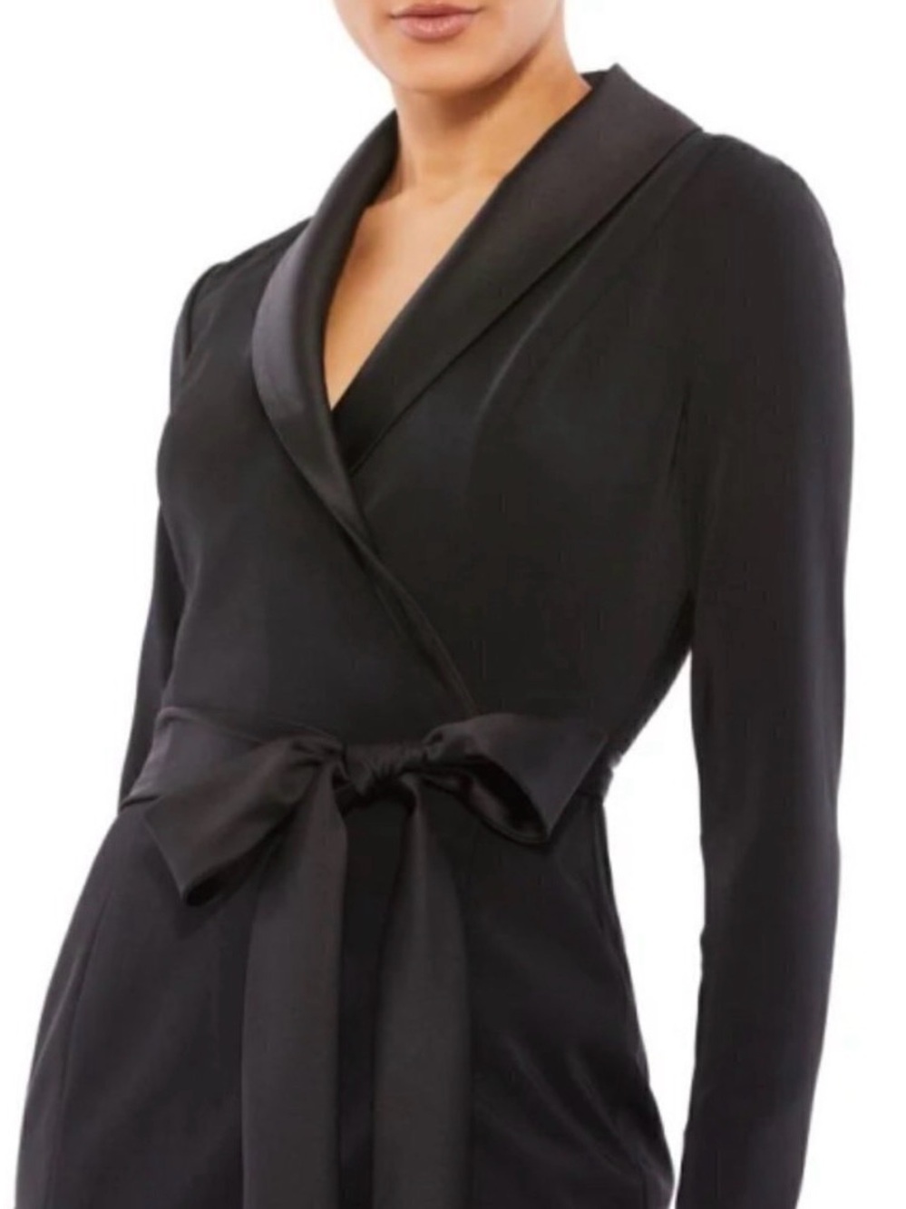 Mac Duggal Black Satin-Trim Wrap Robe with Waist Tie